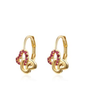Radiant Double Heart Halo Drop Leverback Earrings for Kids/Teens in Sterling Silver with 14k Yellow Gold Plating and Red Accents
