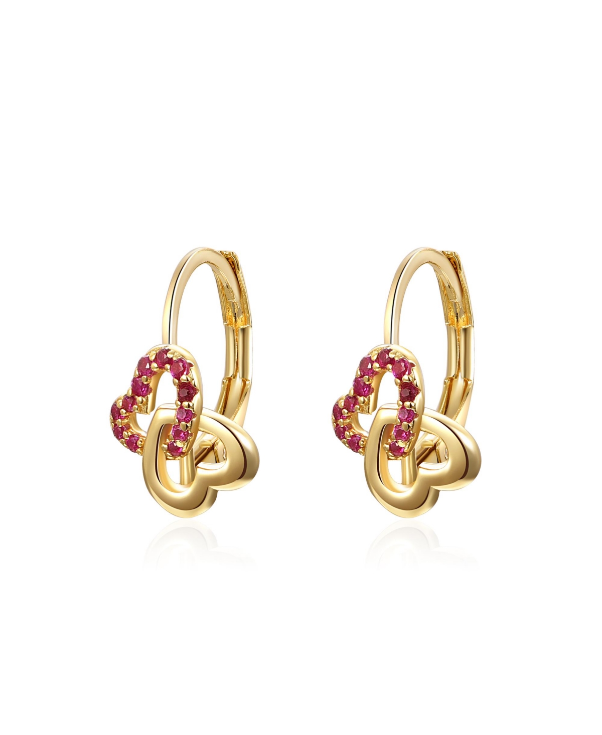 Genevive Radiant Double Heart Halo Drop Leverback Earrings for Kids/Teens in Sterling Silver with 14k Yellow Gold Plating and Red Accents