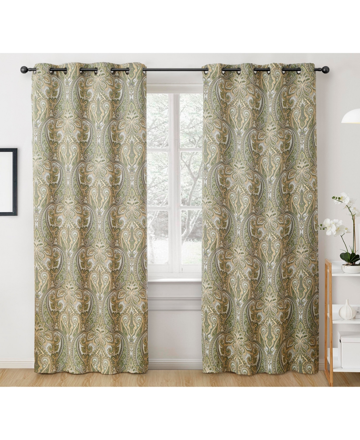 Hlc.me Paris Paisley Decorative Print Damask Pattern Light Reducing Filtering Grommet Window Curtain Panels, Set of 2 (Sage green