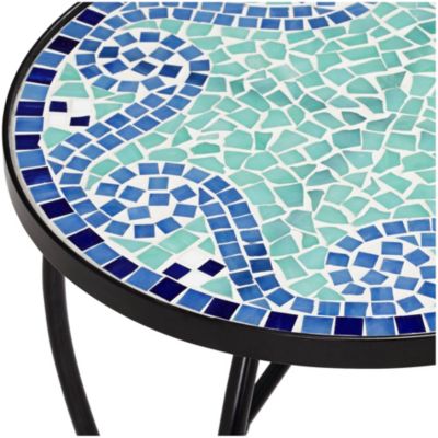 Modern Black Round Outdoor Accent Side Table 14" Wide Light Green Mosaic Tabletop for Front Porch Patio House Balcony