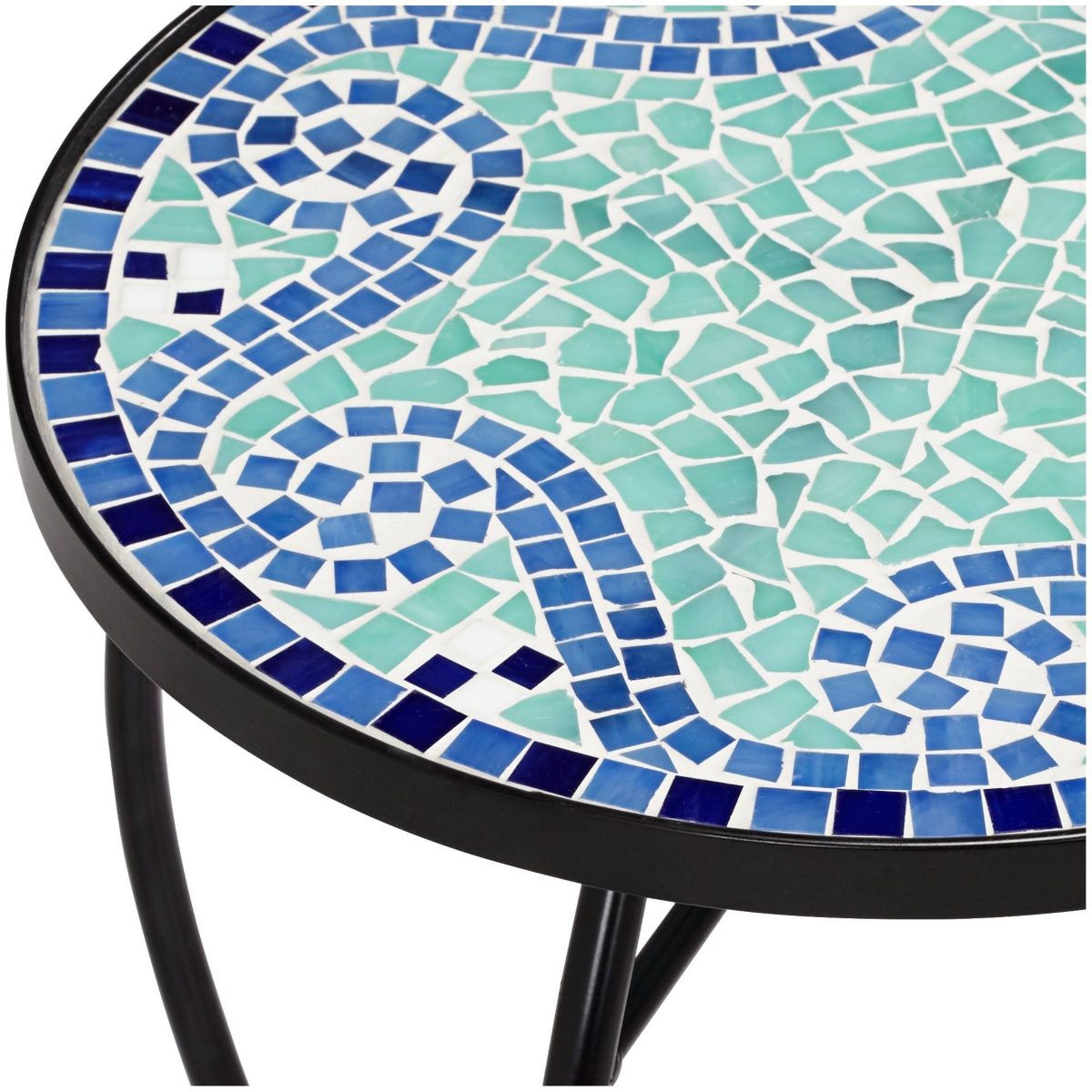 Ocean Wave Modern Industrial Black Iron Metal Round Outdoor Accent Side Table 14" Wide Light Green Mosaic Tile Tabletop Gracefully Curved Legs for Por