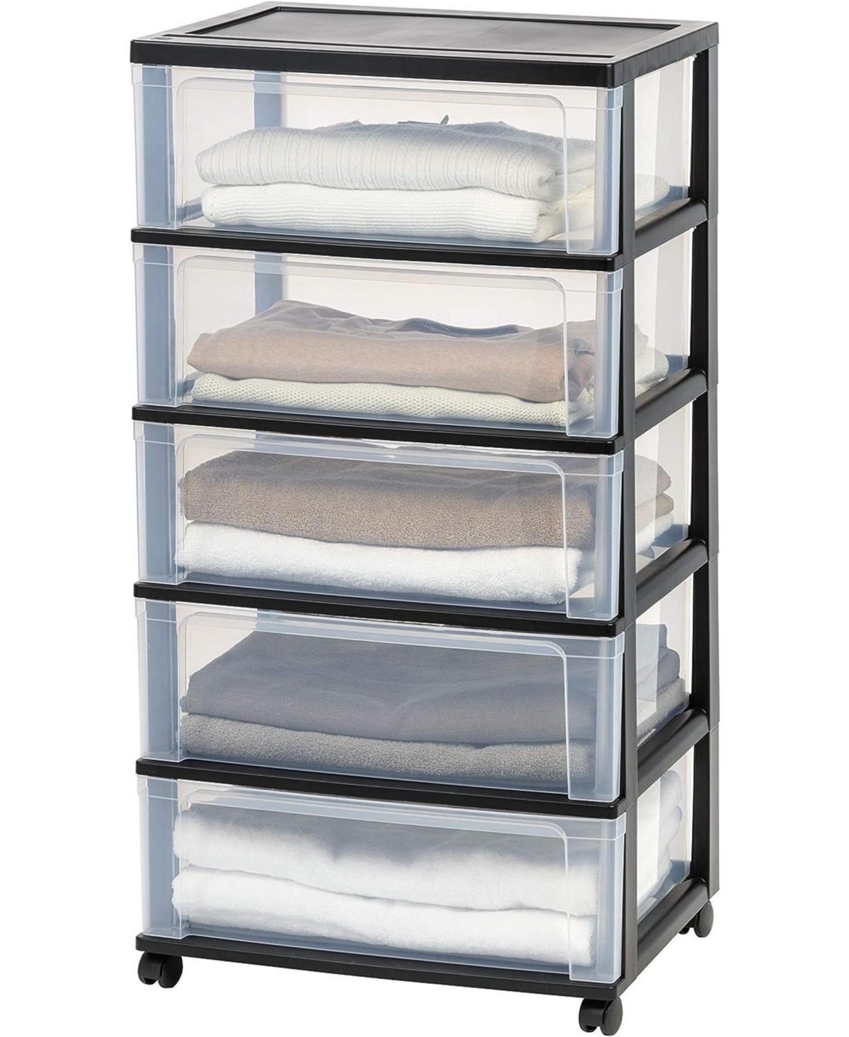 Iris Usa 5 Drawers Plastic Wide Chest Storage with Casters,- Black