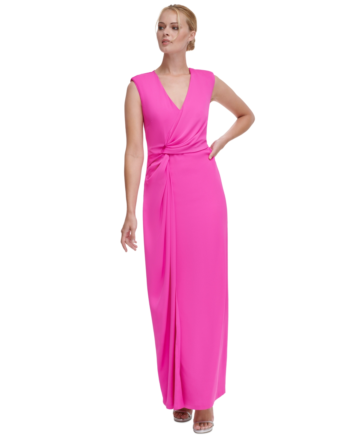 Women's V-Neck Side-Knot Sleeveless Gown - Power Pink