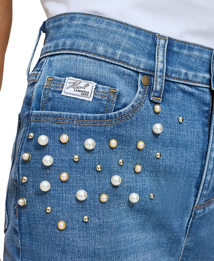 KARL LAGERFELD PARIS Women's Imitation Pearl Denim Jeans - Macy's
