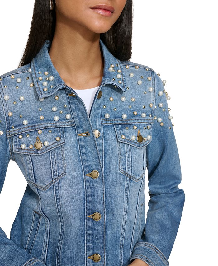 KARL LAGERFELD PARIS Women's Imitation Pearl Denim Jacket - Macy's
