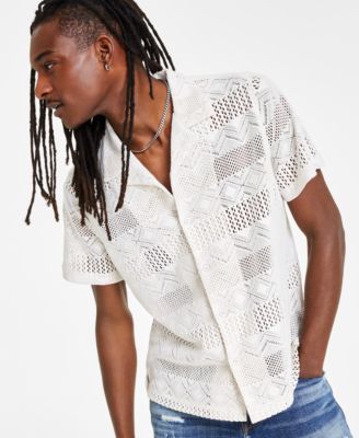 Men's Geometric Hexagon Print Short Sleeve Button-Down Shirt - Silky Black - Sizes M-2XL