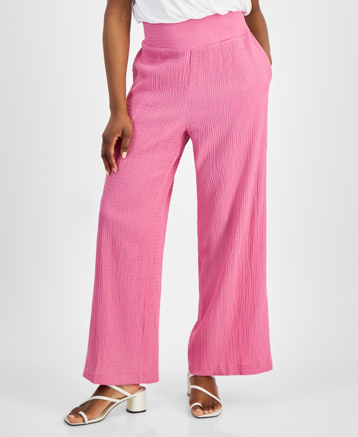 Bar Iii Petite High Rise Textured Wide Leg Pants, Created For Macy's In Wild Pink
