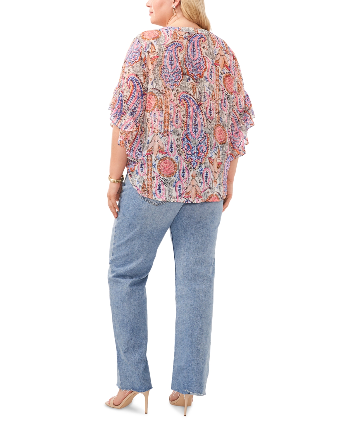 Shop Vince Camuto Plus Size Paisley Print Flutter Sleeve Pleated Top In Pink Sacramento