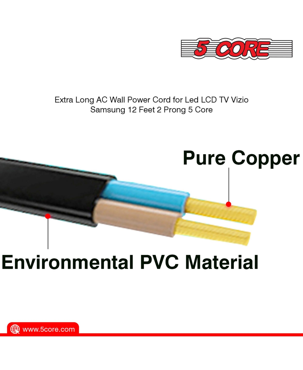5 Core Extra Long 6ft(1.8m) 2 Prong Non-Polarized Ac Wall Power Cable 2 Piece/ 2 Slot Cord for Hp, Dell, Sony, Asus Acer, Laptop Charger, Led, Lcd Mon