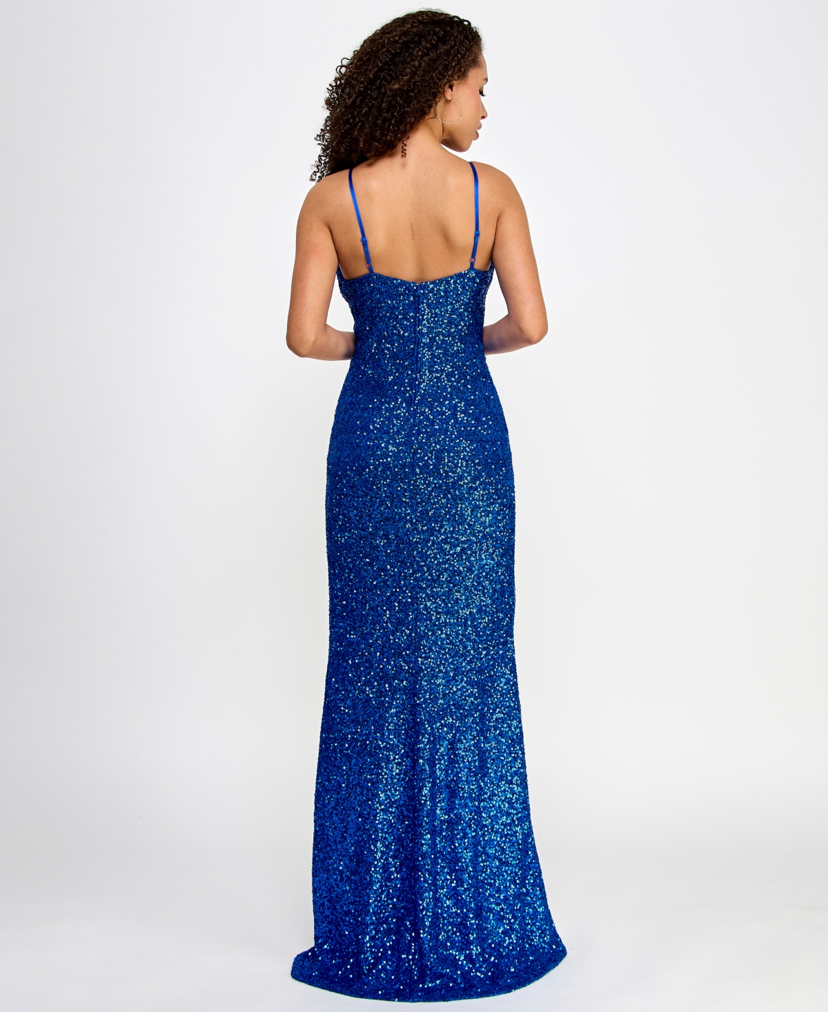 Shop Crystal Doll Juniors' Sequin Draped-neck High-slit Gown In Sky Blue
