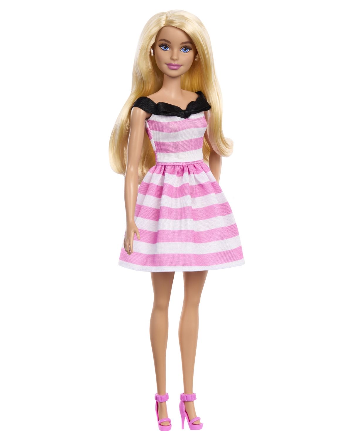 Shop Barbie 65th Anniversary Fashion Doll With Blonde Hair, Pink Striped Dress And Accessories In Multi