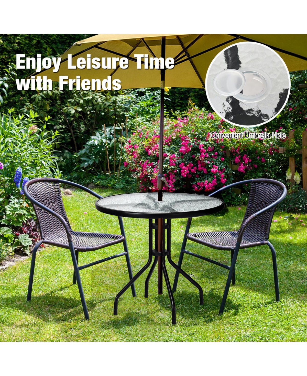 32 Inch Outdoor Patio Round Tempered Glass Top Table with Umbrella Hole