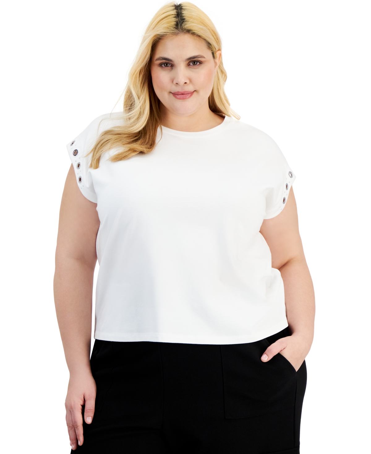 Trendy Plus Size Short-Sleeve Grommet T-Shirt, Created for Macy's - Bright White