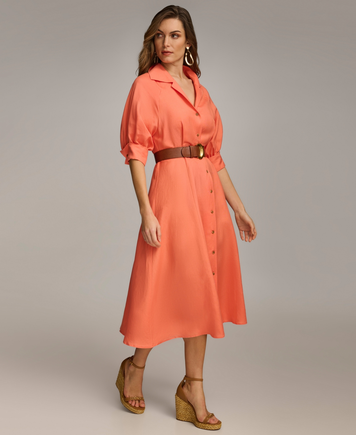 Shop Donna Karan Women's Belted Elbow-sleeve Shirtdress In Melon