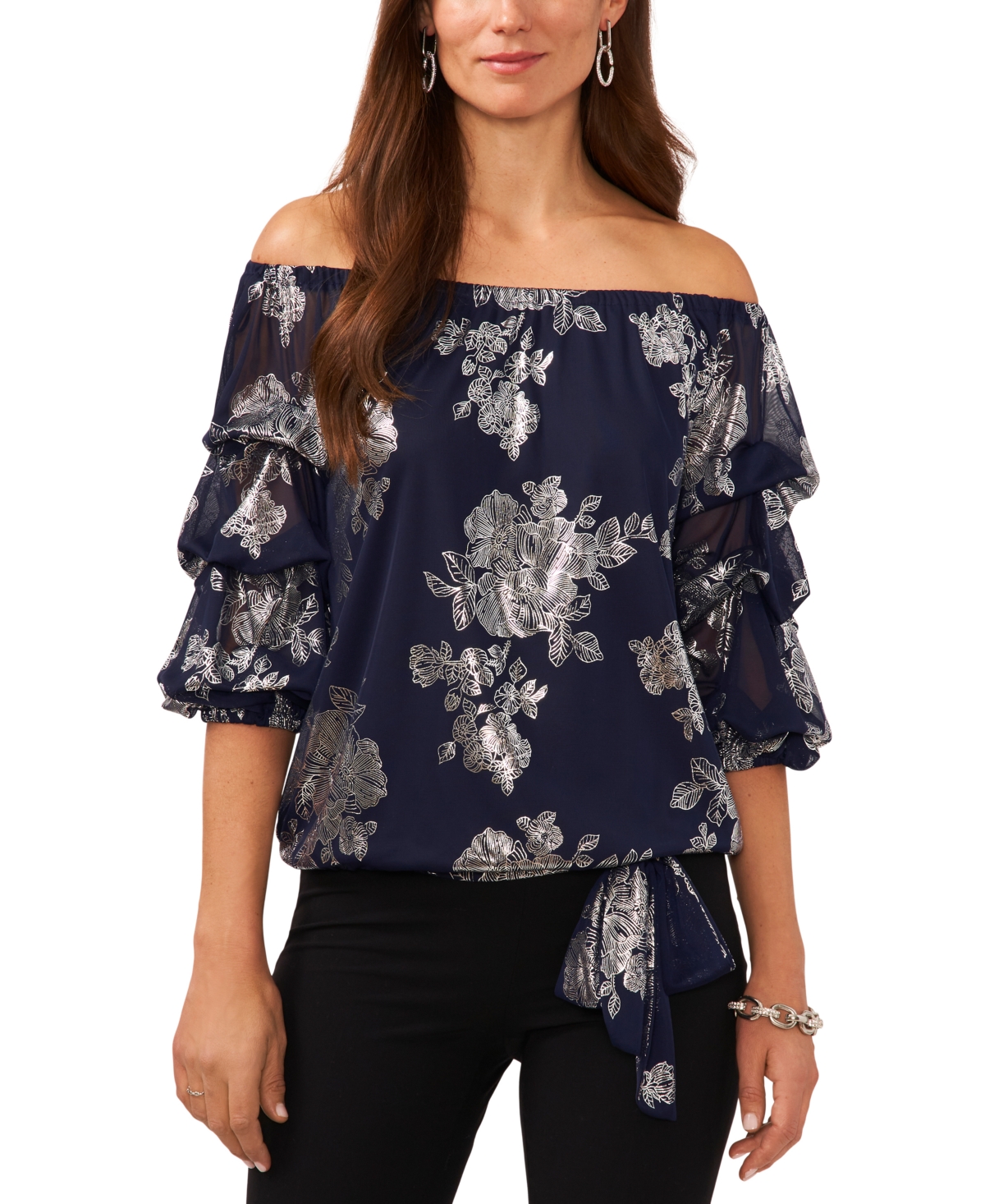 Women's Floral-Print Off-The-Shoulder Top - Navy/Silver