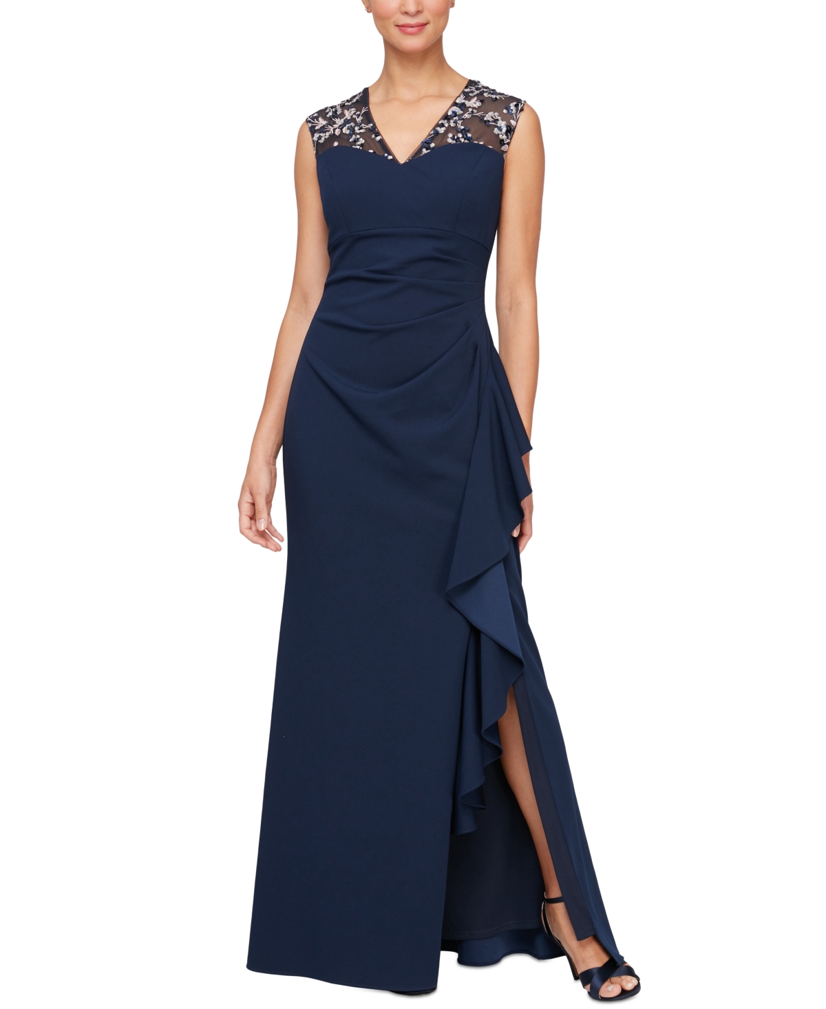 Shop Alex Evenings Petite Embellished Illusion-yoke Gown In Navy Pink