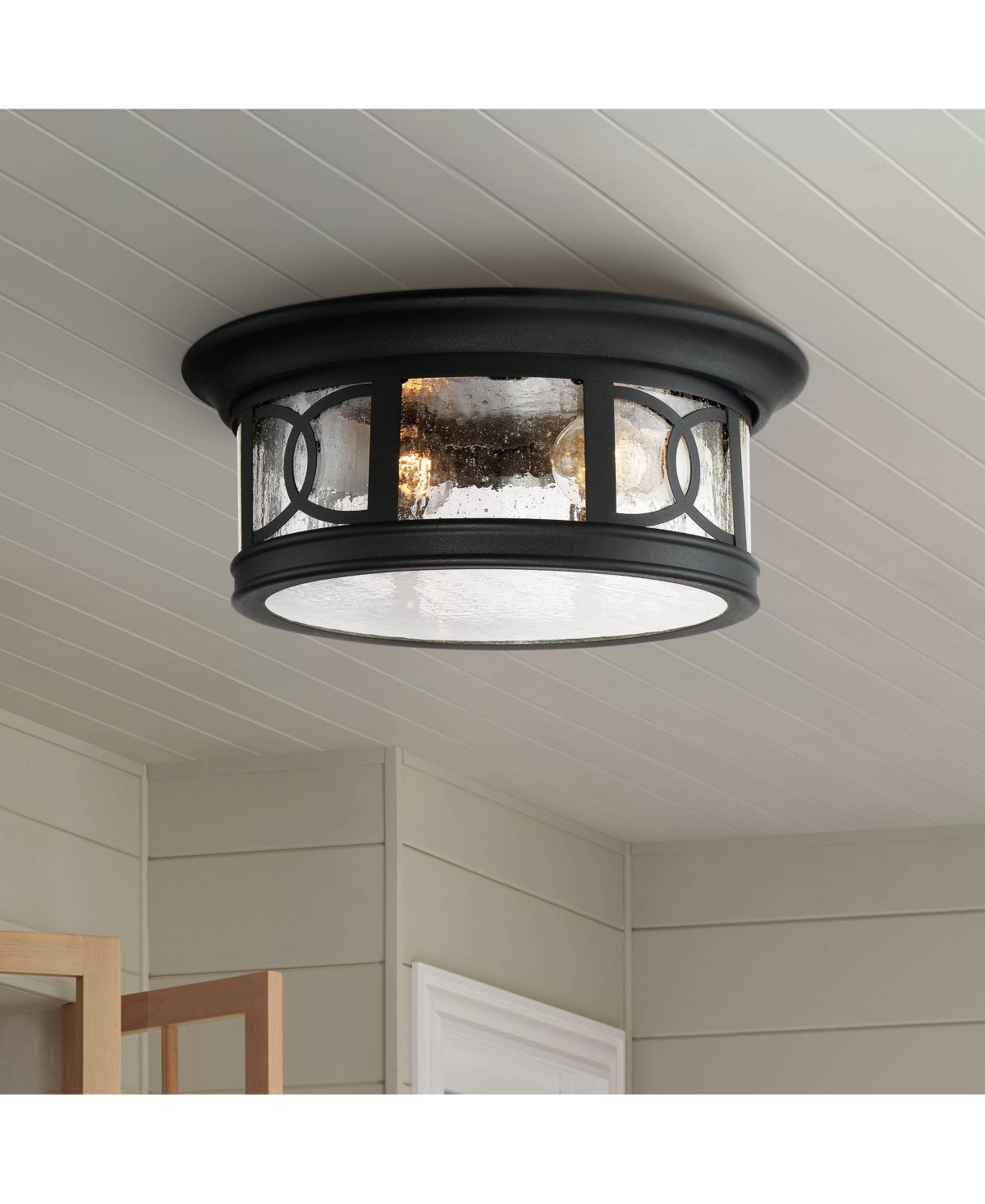 Capistrano Mission Flush-Mount Outdoor Ceiling Light Fixture Black 12" Seedy Glass Damp Rated for Exterior House Porch Patio Outside Deck Garage Front