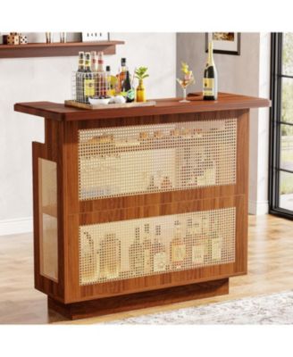 Rattan Home Bar Unit, Farmhouse 4-Tier Bar Table with 4 Stemware Racks and Heightened Base, Caramel Brown