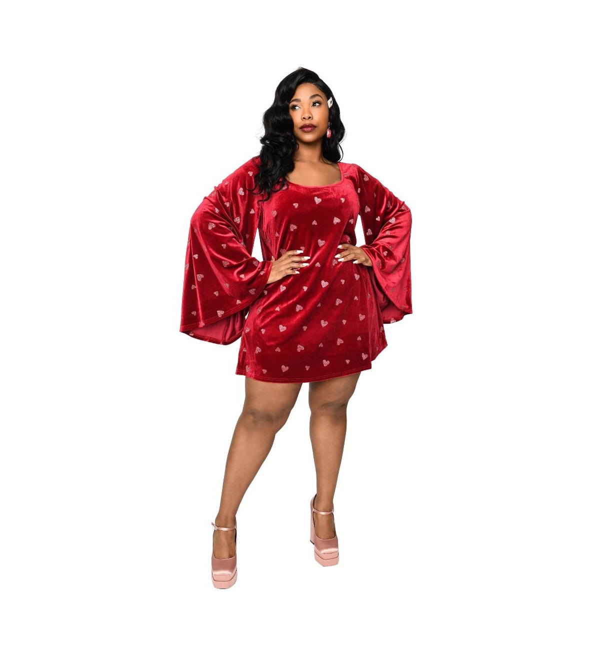 Plus Size Angel Sleeve Downtown Scene Mini Fit & Flare Dress - Red/pink hearts