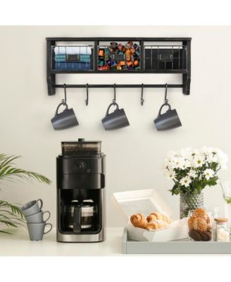 Rustic Coat Rack Wall Mounted Shelf With Hooks & Baskets, Entryway Organizer Wall Shelf With 5 Coat Hooks And Cubbies