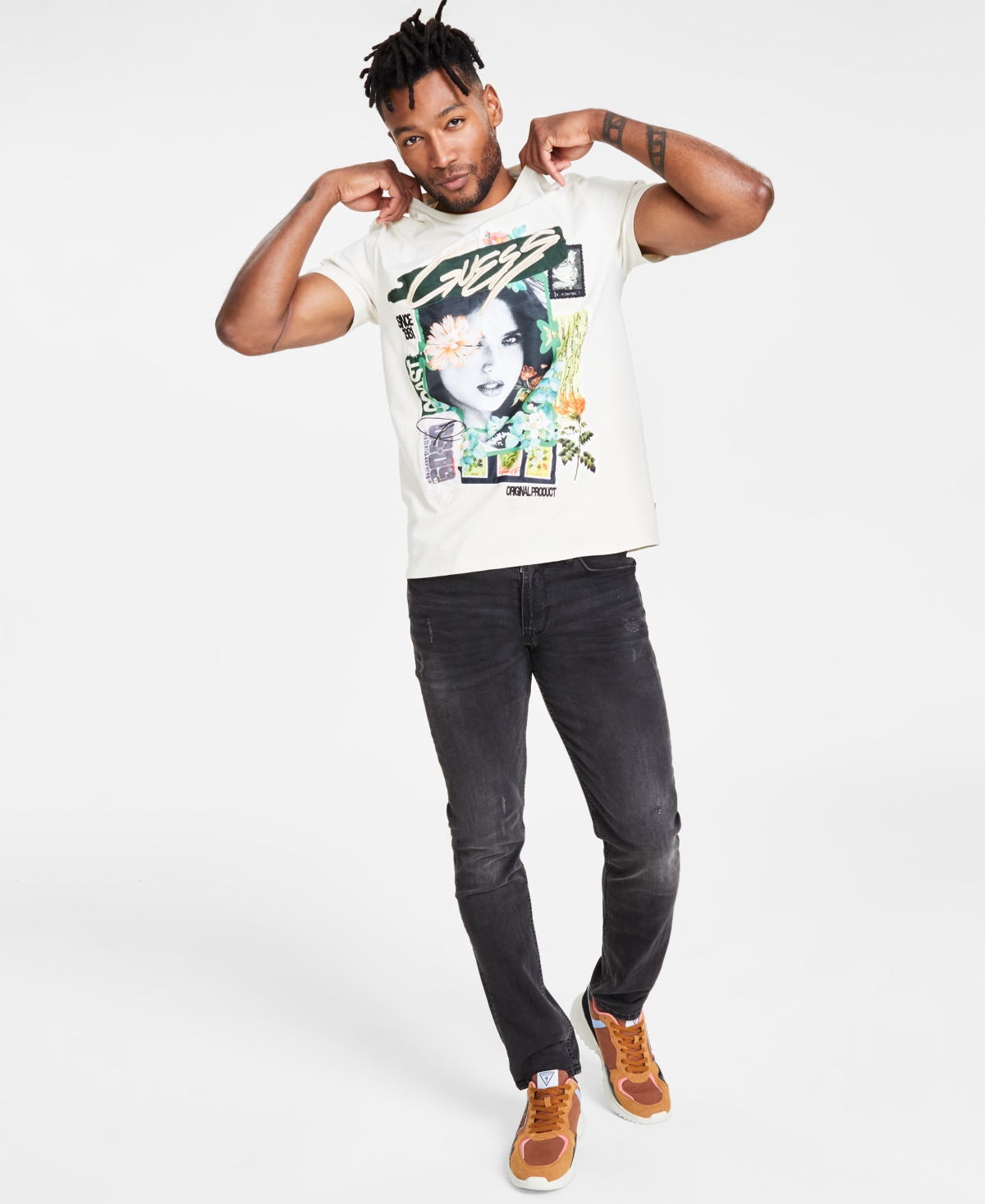 Shop Guess Men's Botanical Collage T-shirt In Pearl White Multi