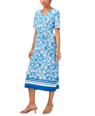 MSK - Women's Printed Tie-Waist Bordered-Hem Midi Dress