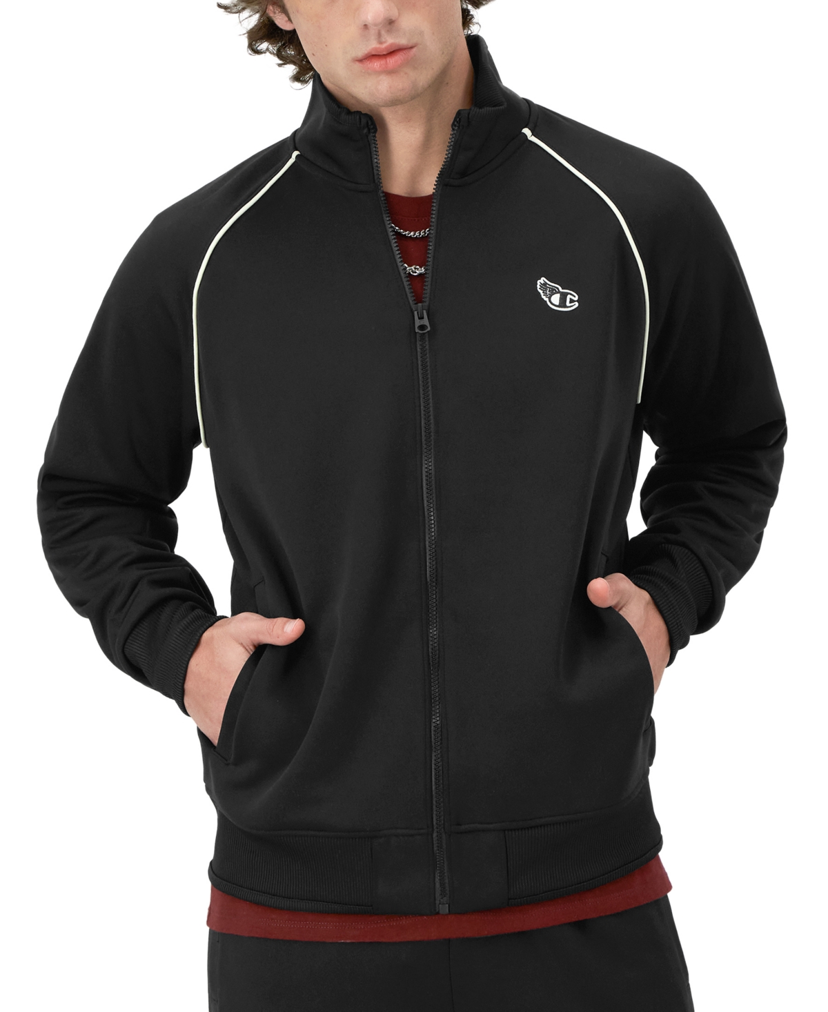 Shop Champion Men's Standard-fit Piped Full-zip Tricot Track Jacket In Black