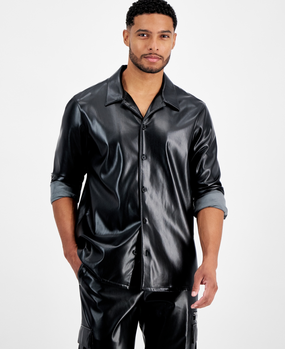 Men's Jax Faux-Leather Shirt, Created for Macy's - Deep Black