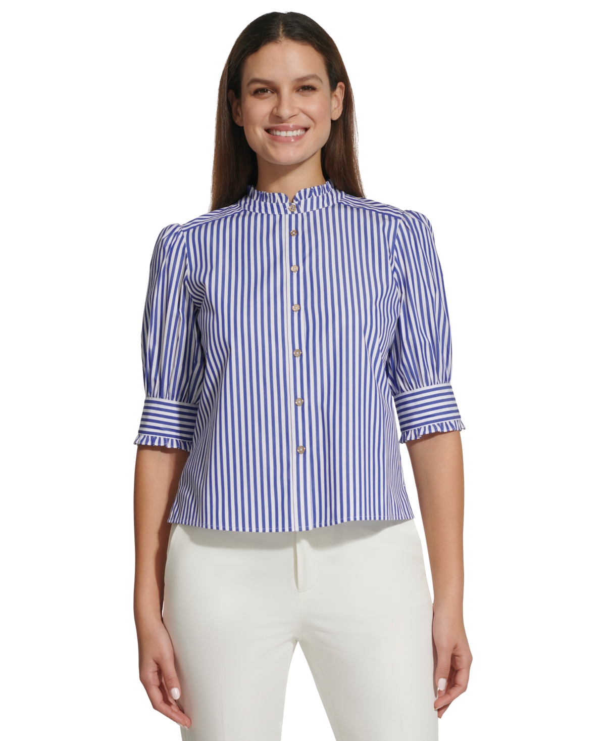 Tommy Hilfiger Women's Striped Short-sleeve Cotton Ruffle Blouse In Seaport Blue,bright White