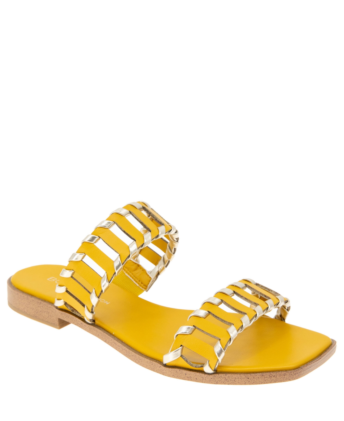 Shop Bcbgeneration Women's Lemah Woven Double Band Slide Flat Sandals In Mustard,platino