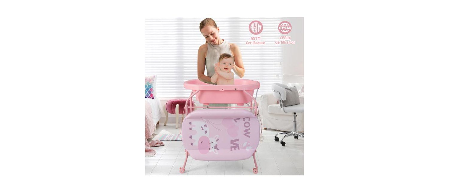 Portable Baby Changing Table with Storage Basket and Shelves