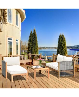 3 Pieces Patio Acacia Wood Sofa Furniture Set with Nylon Rope Armrest