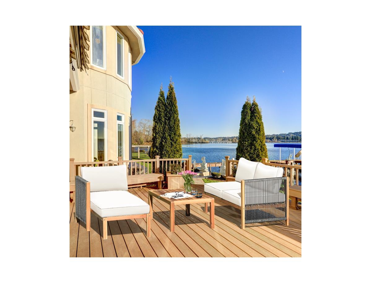 3 Pieces Patio Acacia Wood Sofa Furniture Set with Nylon Rope Armrest