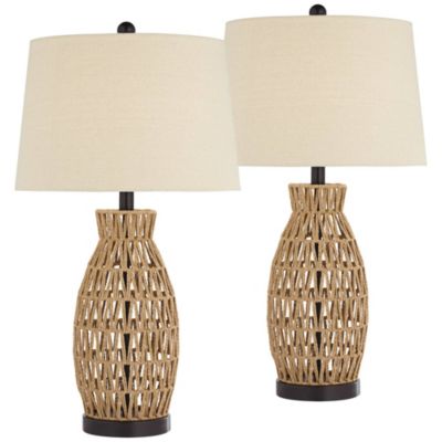 San Carlos Coastal Modern Table Lamps 29" Tall Set of 2 Natural Rattan Wicker Oatmeal Fabric Drum Shade for Bedroom Living Room Bedside