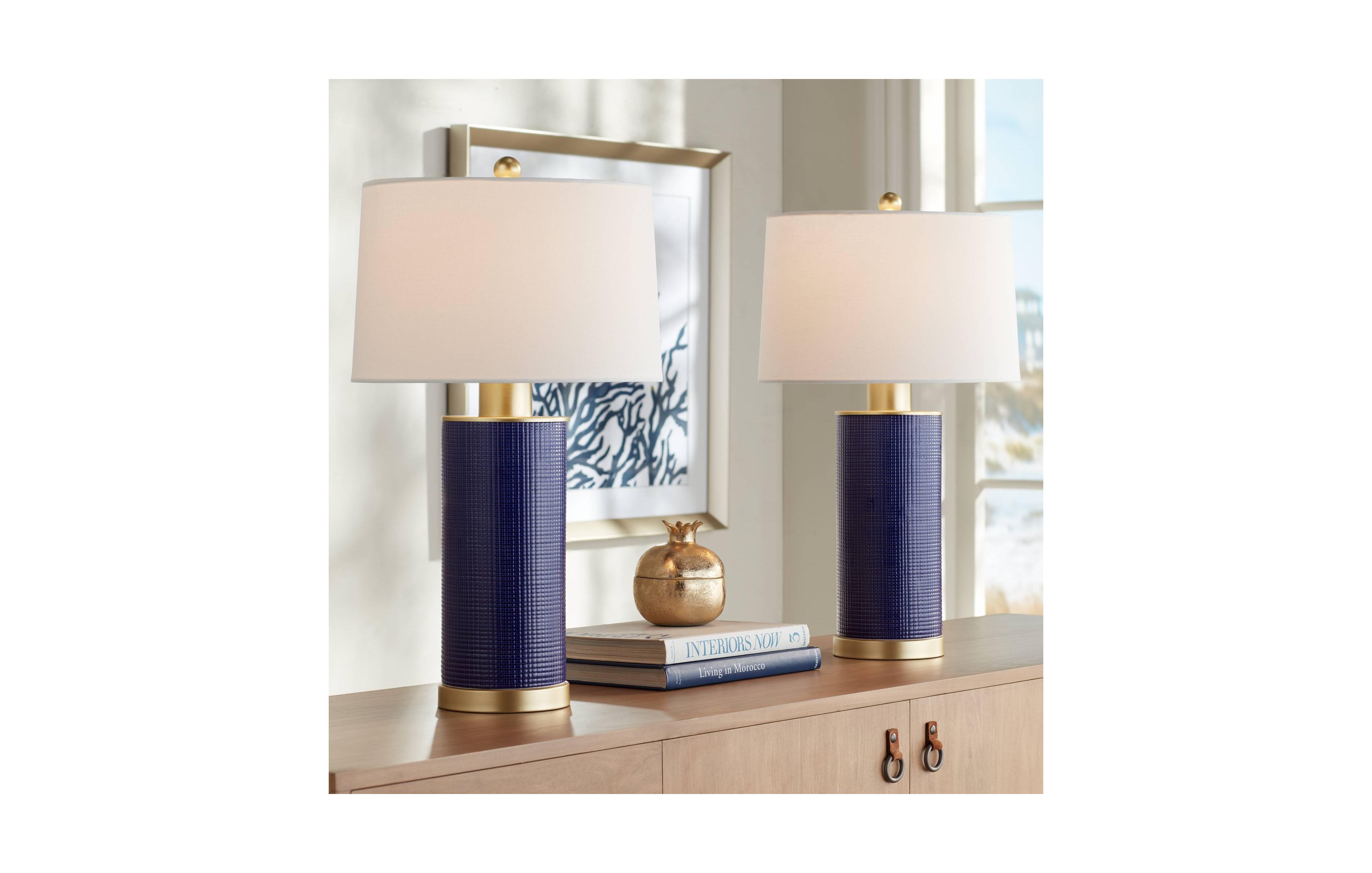 Gilson 24 1/2" High Modern Coastal Glam Table Lamps Set of 2 Gold Textured Blue Finish Ceramic Fabric White Shade Living Room Bedroom Bedside Nightsta