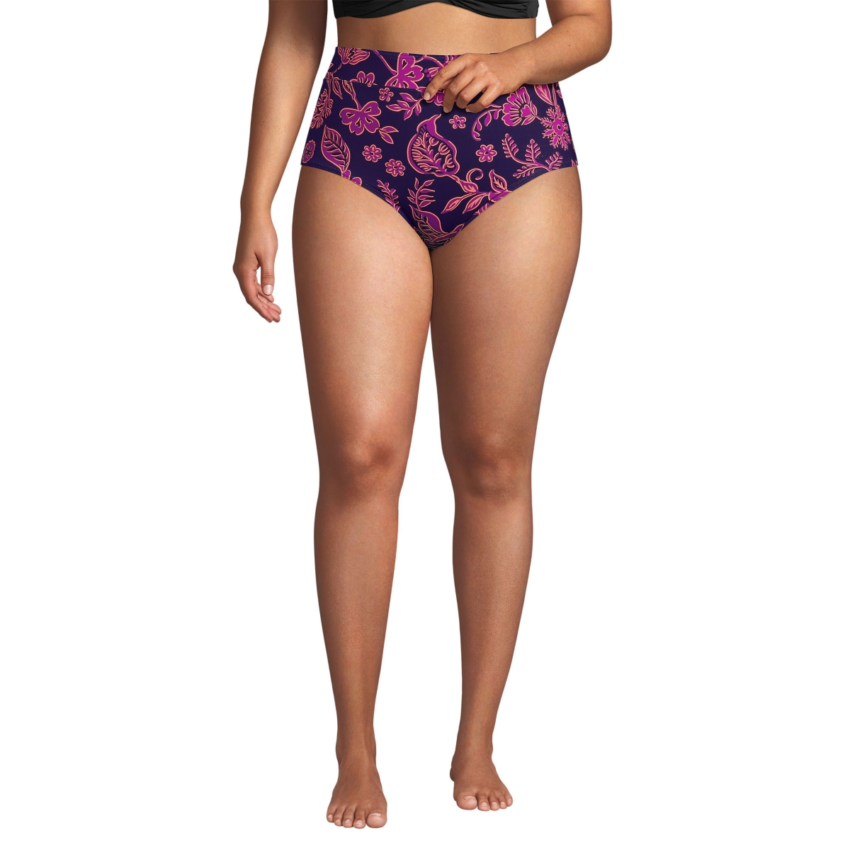 Plus Size Tummy Control High Waisted Bikini Swim Bottoms Print - Blackberry ornate floral