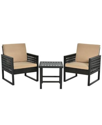 3 Piece Patio Rattan Bistro Set with Cushioned Chairs and Table