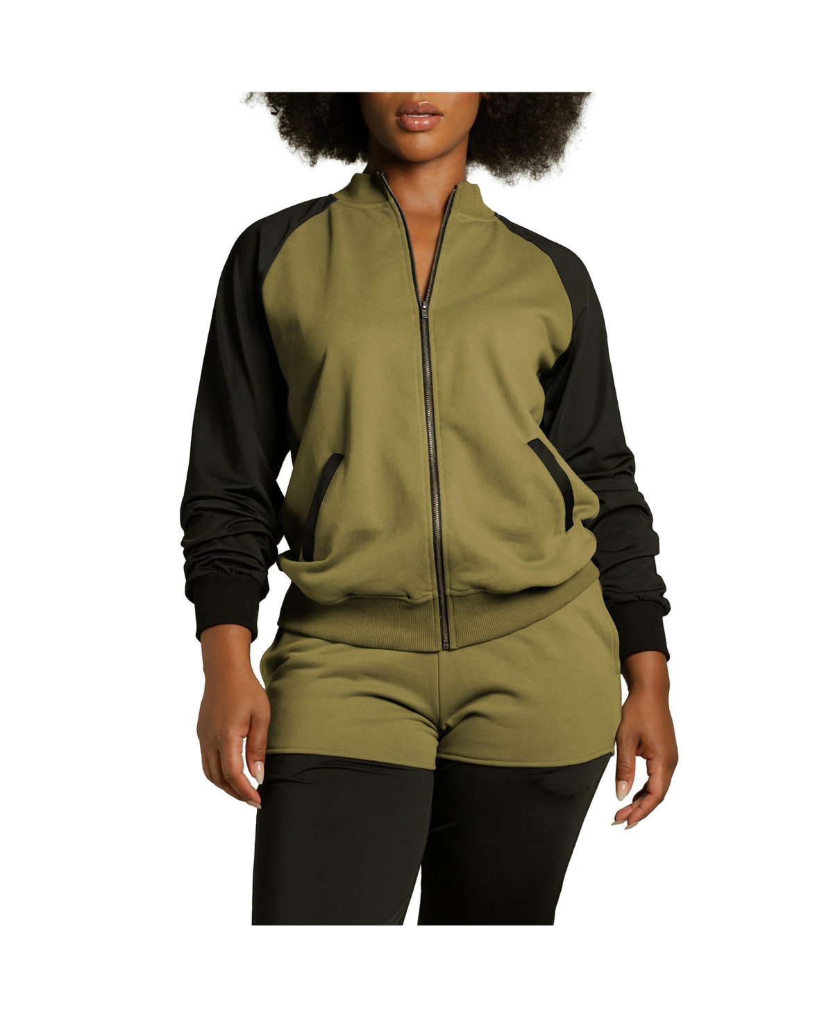 Women's Curvy Fit Zip Up Contrast Blocked Sweatshirt Jacket - Light olive