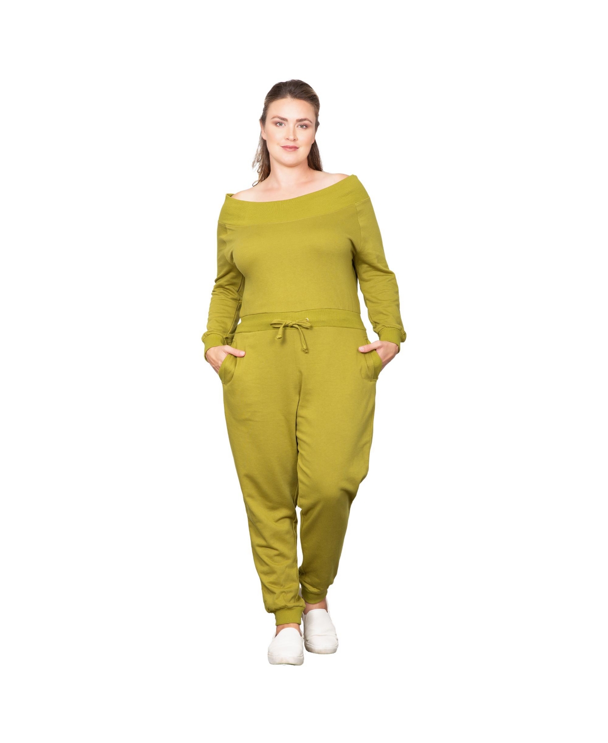 Women's Plus Size Curvy Fit Off-Shoulder Lounge Jumpsuit - Paprika
