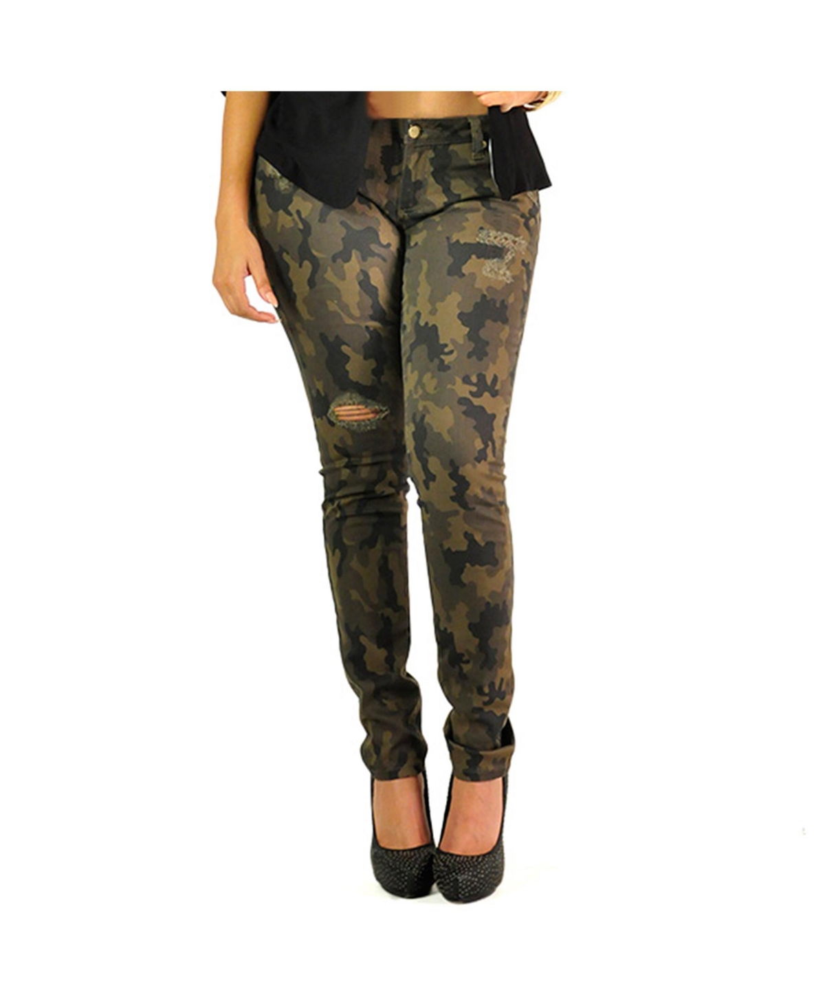 Women Curvy Fit Camo Printed Stretch Twill Destroyed Low Rise Skinny Jeans - Camo