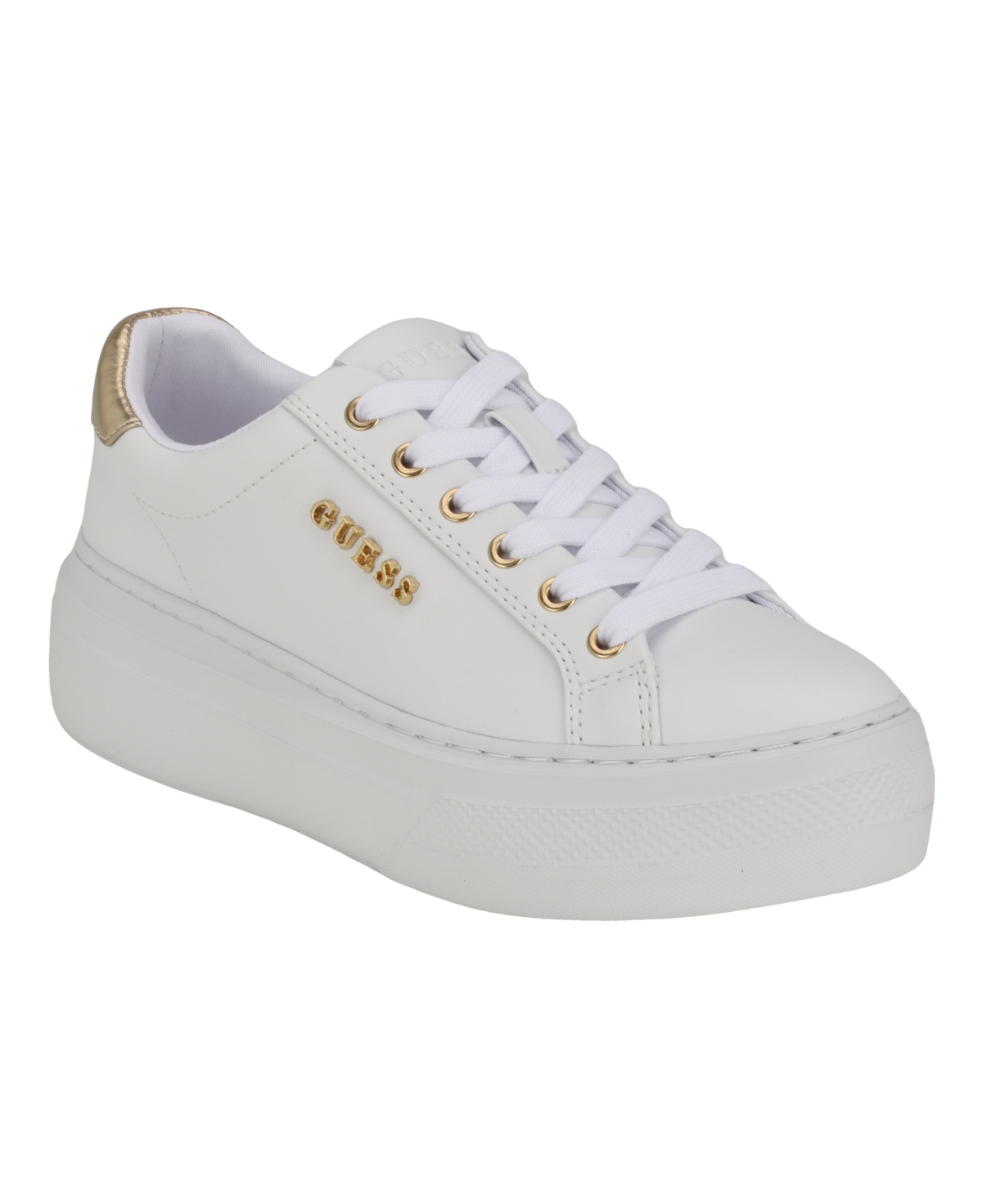 Shop Guess Women's Amera Lace Up Fashion Platform Logo Sneakers In White,gold