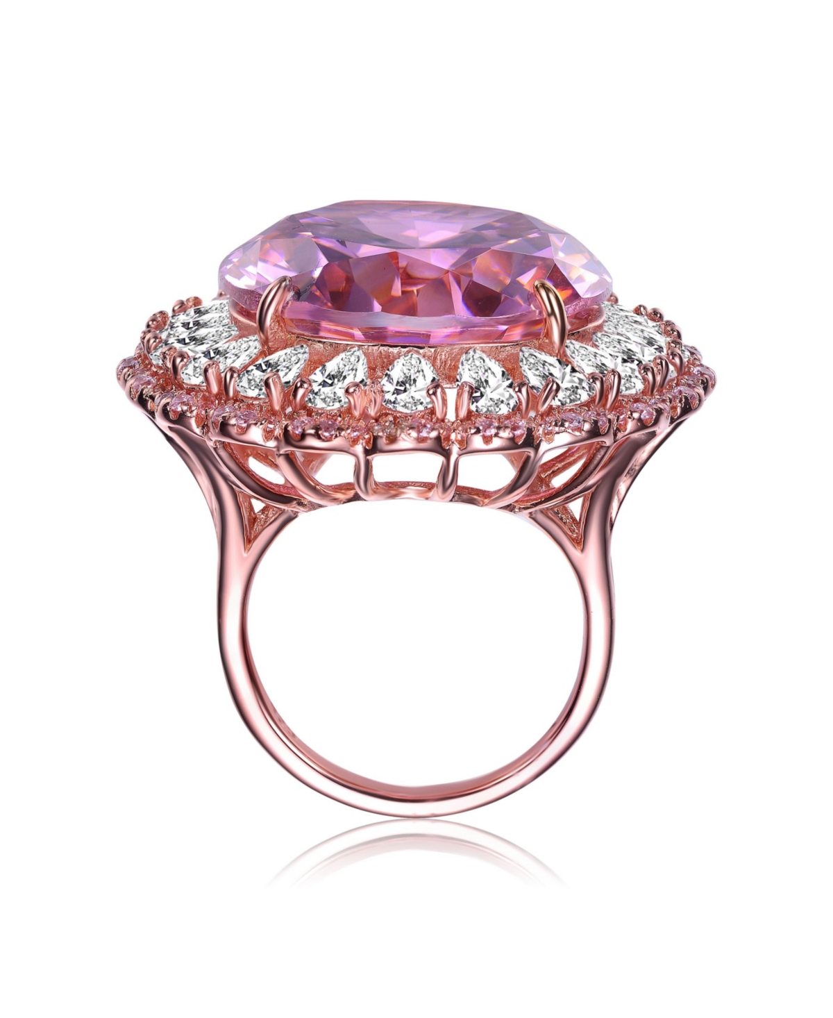 Sterling Silver 18K Rose Gold Plated with Purple Round Cubic Zirconia and Petals of Cubic Zirconia Flower Ring