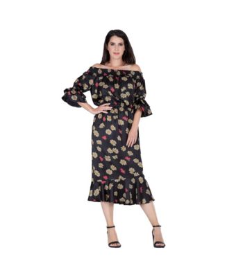 Women's Floral Print Off-Shoulder High-End Satin Midi Dress - Macy's