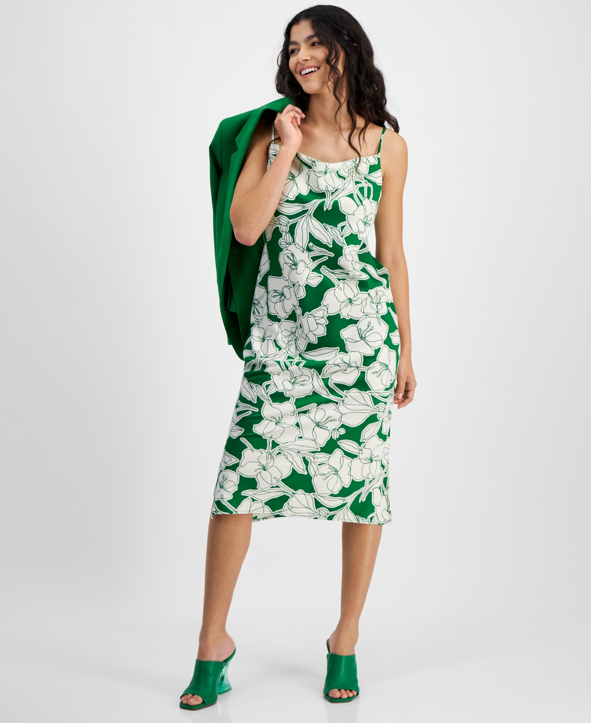 Bar Iii Women's Printed Scoop-neck Spaghetti-strap Dress, Created For Macy's In Green Chili