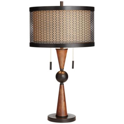 Hunter Modern Rustic Farmhouse Table Lamp 29 3/4" Tall Cherry Wood Bronze Metal Double Drum Shade for Bedroom Living Room House