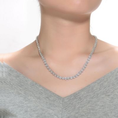 Sterling Silver with White Gold Plated Clear Round Cubic Zirconia Flower Design Tennis Necklace