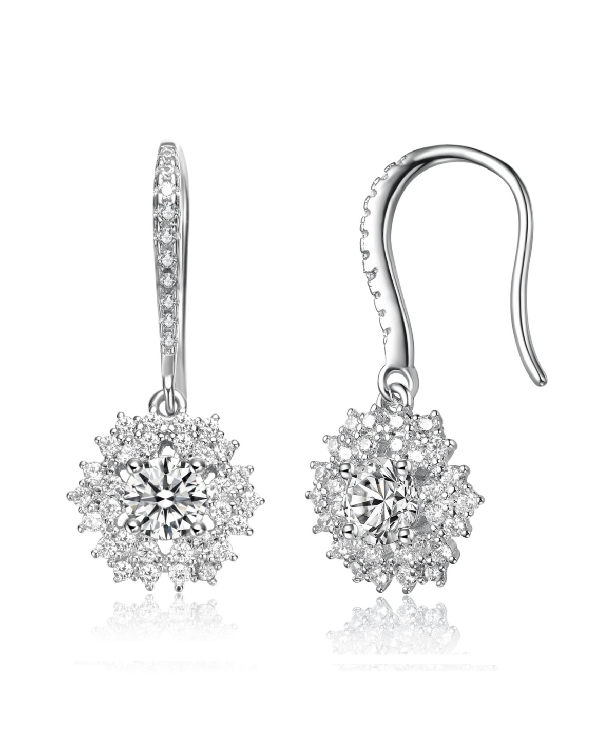 Rachel Glauber White Gold Plated With Cubic Zirconia Snowflake Cluster Drop Earrings With Wire Hooks In Silver