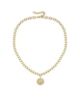 14k Gold Plated with Cubic Zirconia Vintage like Shield Sunshine Pendant Curb Chain Adjustable Necklace - Gold
