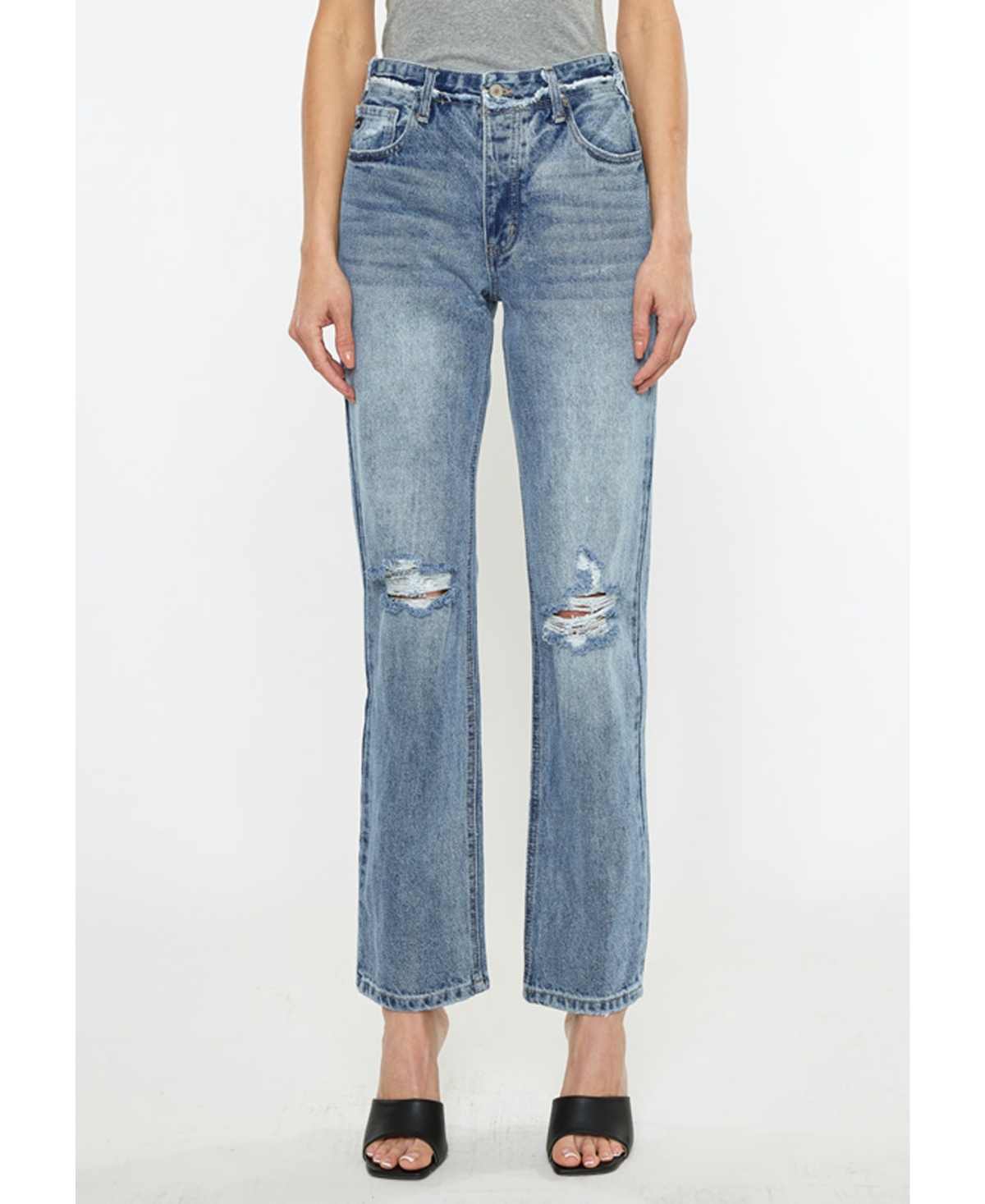 Women's High Rise Distressed 90s Straight Jeans - Medium Denim