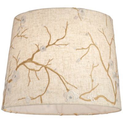 Beige Plum Flower Embroidery Medium Drum Lamp Shade 12" Top x 14" Bottom x 11" Slant (Spider) Replacement with Harp and Finial